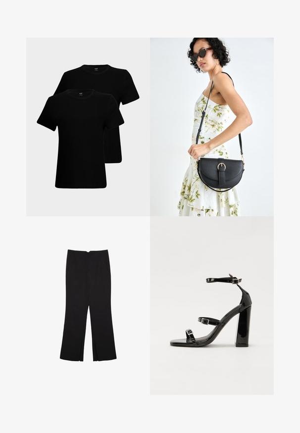 Mustat puuvillapaidat, joissa on lyhyet hihat, pyöreät kaula-aukot ja klassinen malli. Kaksi paitaa on esillä, joissa on sileä kangas.; Mustat housut suoralinjaisella leikkauksella, joissa on etutaskut ja sivurei'ät helman alla. Valmistettu pehmeästä ja sileästä kankaasta. Sopii eri tilaisuuksiin.; Musta kiiltävä korkokenkä sandaalit neliönmuotoisella varpaalla, nilkkaremmillä ja hopeisilla soljilla. Varustettu tukevalla lohkokorkealla vakauden takaamiseksi.; Musta nahkainen käsilaukku, joka on kaareva muotoilultaan, irrotettavalla hihnalla ja kultaisilla yksityiskohdilla. Laukussa on läppä, jossa on solk yksityiskohta.