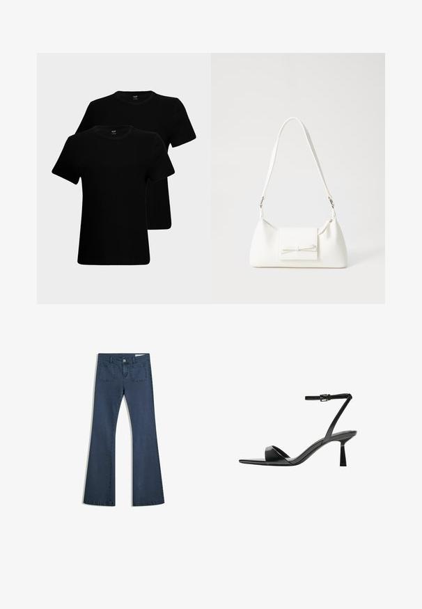 Fekete pamut pólók rövid ujjakkal, kerek nyakkivágással és klasszikus szabással. Két póló látható, sima anyagtextúrával.; Sötétkék, bőszárú farmernadrág, varrott zsebekkel, gombos záródással és sima felülettel. Klasszikus ötpocket dizájnnal rendelkezik.; Bershka Magas sarkú szandálok - black; Fehér szintetikus kézitáska, háromszög alakú, lapos előlap, masni részlettel, állítható pánttal, sima textúrával és minimalista dizájnnal.