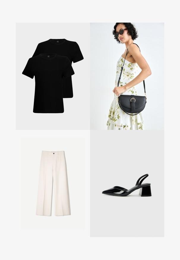 Črne bombažne majice s kratkimi rokavi, okroglim izrezom in klasičnim krojem. Dve majici sta prikazani, z gladko teksturo tkanine.; Kremne široke hlače s krojem, ki vključujejo dve sprednji žepi in en sprednji gumb za zapiranje, izdelane iz gladkega blaga.; Črne lakirane slingback pete s koničastim nosom in geometrijsko blokasto peto. Imajo eleganten, minimalističen dizajn in gladko teksturo.; Črna usnjena torbica s ukrivljeno obliko, z odstranljivo naramnico in zlatimi dodatki. Torbica ima pokrov s podrobnostmi v obliki zaponke.