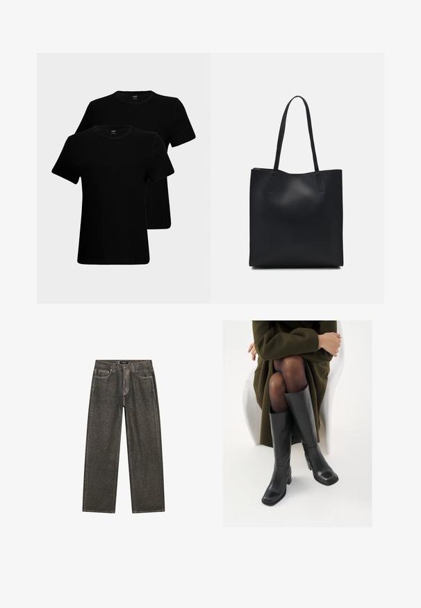 Czarne bawełniane t-shirty z krótkim rękawem, okrągłym dekoltem i klasycznym krojem. Wyświetlane są dwa koszulki, z gładką fakturą materiału.; Ciemnoszare dżinsy o szerokim kroju, wykonane z denimu, z klasycznym pięciopocketowym designem, mocnym przeszyciem oraz zamek błyskawiczny z zapięciem na guzik.; Kozaki skórzane do kolan w kolorze czarnym, z kwadratowym noskiem i słupkowym obcasem, pokazane na modelce siedzącej w oliwkowej zielonej kurtce. Gładka tekstura, minimalne detale.; Czarna skórzana torba tote o gładkiej fakturze, prostokątnym kształcie i dwóch długich uchwytach. Brak widocznych elementów metalowych i ozdób.