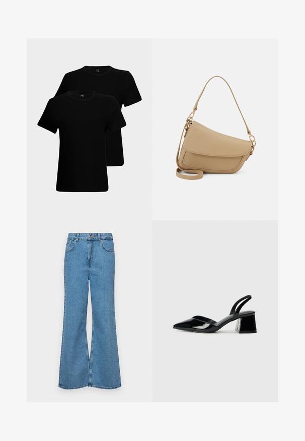 Mustat puuvillapaidat, joissa on lyhyet hihat, pyöreät kaula-aukot ja klassinen malli. Kaksi paitaa on esillä, joissa on sileä kangas.; Vaaleansiniset leveälahkeiset farkut, joissa on korkea vyötärö, viisi taskua ja yksi napin sulkeminen. Pehmeä pinta, jossa on haalistunut viimeistely.; Mustat patentoitu nahkakengät, joissa on säären takaosa ja terävä kärki, sekä geometrinen palikkakorko. Sisältää tyylikkään, minimalistisen muotoilun ja sileän pinnan.; Even&Odd Käsilaukku - beige