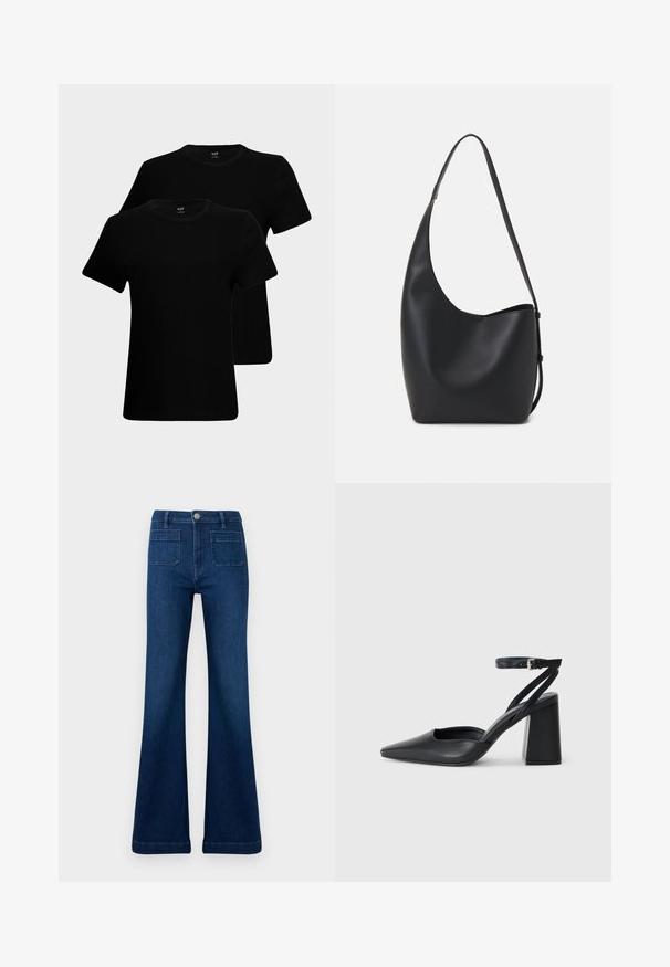 Czarne bawełniane t-shirty z krótkim rękawem, okrągłym dekoltem i klasycznym krojem. Wyświetlane są dwa koszulki, z gładką fakturą materiału.; Ciemnoniebieskie dżinsy z rozszerzanymi nogawkami, wykonane z denimu, z wysokim stanem, dwiema tylnymi kieszeniami oraz kontrastowym przeszyciem wzdłuż szwów.; Czarne skórzane czółenka z ostrym noskiem, z paskiem na kostce i grubym obcasem. Gładka faktura, elegancki design i minimalistyczna estetyka.; Czarna skórzana torba hobo o gładkiej fakturze, zaokrąglonym kształcie i pojedynczym, regulowanym pasku; posiada szerokie otwarcie na górze.