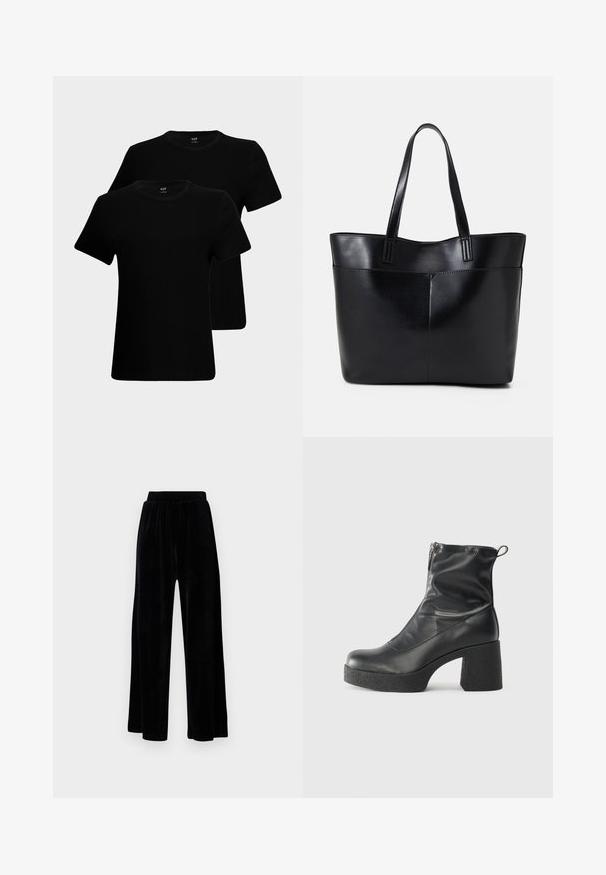 Černé bavlněné trička s krátkým rukávem, kulatým výstřihem a klasickým střihem. Dvě trička jsou vystavena s hladkou texturou látky.; Černé kalhoty širokého střihu vyrobené z měkkého sametu, s elastickým pasem a hladkým povrchem, bez viditelných detailů nebo vzorů.; Černé kotníkové boty vyrobené z hladké kůže, s bočním zipem, robustním strukturovaným podpatkem a kulatou špičkou.; Černá kožená taška s dlouhými ušima, hladkým povrchem a strukturovaným tvarem. Obsahuje přední kapsu pro další úložný prostor.