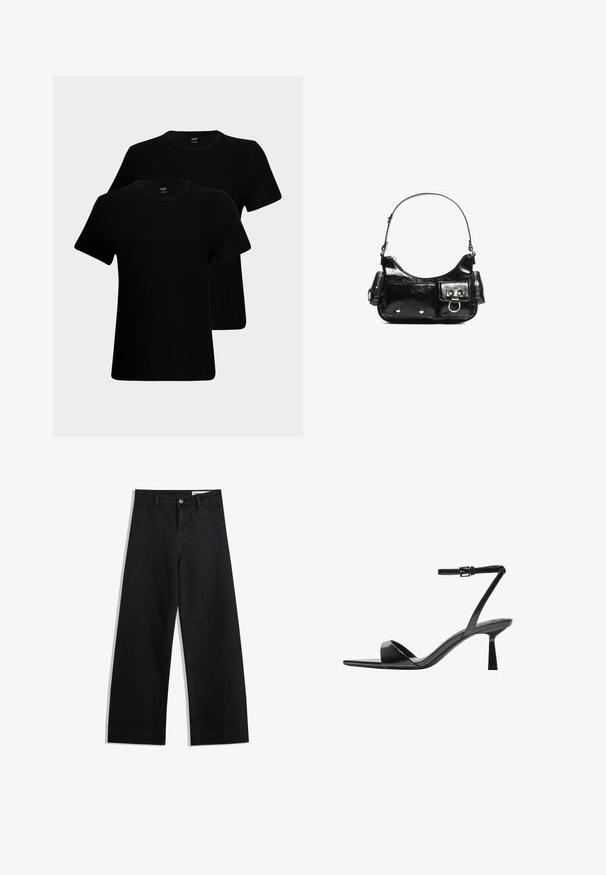 Čierne bavlnené tričká s krátkymi rukávmi, okrúhlym výstrihom a klasickým strihom. Dve tričká sú vystavené, s hladkou textúrou látky.; Čierne denimové nohavice s širokými nohavicami a vysokým pásom, so prednými a zadnými vreckami, šitými švami a zapínaním na gombík. Hladká textúra.; Bershka Sandále na vysokom opätku - black; Čierna laková kožená kabelka s ohnutým tvarom, jedným ramenným popruhom, prednými vreckami a striebornými kovovými doplnkami.