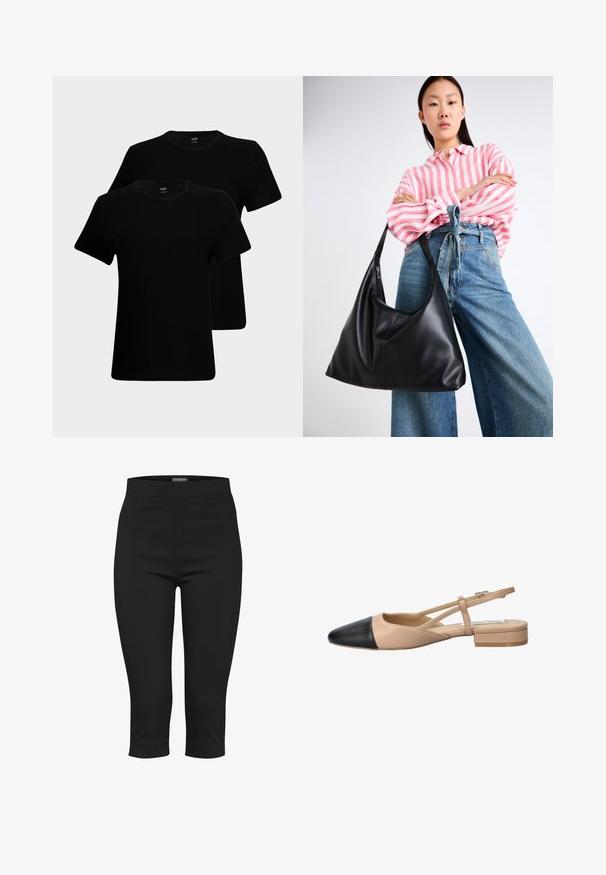 T-shirt neri in cotone con maniche corte, scollatura rotonda e vestibilità classica. Sono esposti due shirt, con una texture del tessuto liscia.; Pantaloni capri neri realizzati in tessuto elasticizzato. Caratterizzati da una vita aderente, tasche laterali e una lunghezza cropped con una superficie liscia.; Scarpa slingback bicolore beige e nera con punta affilata, tacco piatto e dettaglio a fascia incrociata. Texture in pelle liscia.; Borsa a spalla in pelle nera con una forma morbida e dettagli sulle cuciture. Il modello indossa una camicia a righe rosa e bianche con jeans a gamba larga blu.