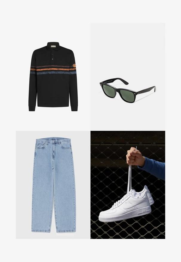 Camisa polo de manga longa preta com um padrão texturizado de riscas horizontais em laranja e azul, com um emblema no manga esquerda.; Jeans de denim azul claro com design de perna reta, apresentando uma cintura de altura média, cinco bolsos e um fecho de botão e zíper.; Sapatilhas de couro branco com perfurações, biqueira redonda, sola plana e atacadores grossos, apresentando um logotipo swoosh visível e "AIR" no calcanhar.; Óculos de sol de plástico preto com lentes verdes, armações quadradas, detalhe prateado na sobrancelha e hastes texturizadas. Marca indicada na parte interna da haste.