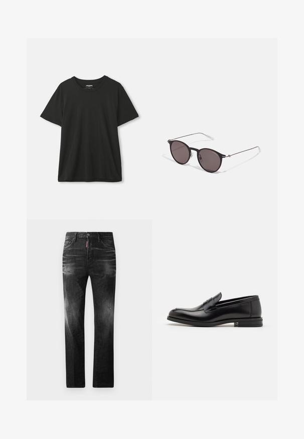 Black short-sleeve crew neck T-shirt hanging against a plain white background, label visible inside collar.; Black denim jeans with a straight fit. Features faded areas, minor distressing, classic five-pocket design, and a button closure.; Black leather loafers with a smooth texture, rounded toe, and a decorative strap across the vamp. Low stacked heel, minimalist design.; Black round sunglasses with dark lenses and slim metal arms. Includes clear temple tips and silver accents at the hinge. Minimalist design.