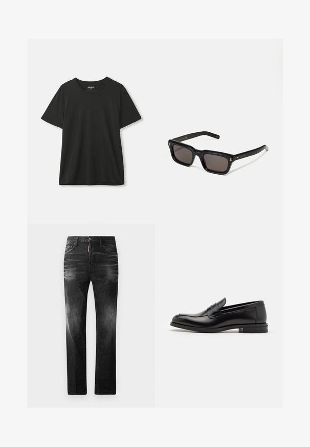 T-shirt preto de manga curta com decote redondo pendurado contra um fundo branco liso, com o rótulo visível dentro do colarinho.; Jeans de denim preto com um corte reto. Apresentam áreas desbotadas, ligeira degradação, design clássico de cinco bolsos e um fecho de botão.; Mocassins de couro preto com uma textura suave, bico arredondado e uma faixa decorativa sobre o peito do pé. Salto baixo e empilhado, design minimalista.; Óculos de sol retangulares pretos com lentes escuras, armação de plástico espesso, detalhes em dourado nas hastes e logotipo da marca gravado na lateral.