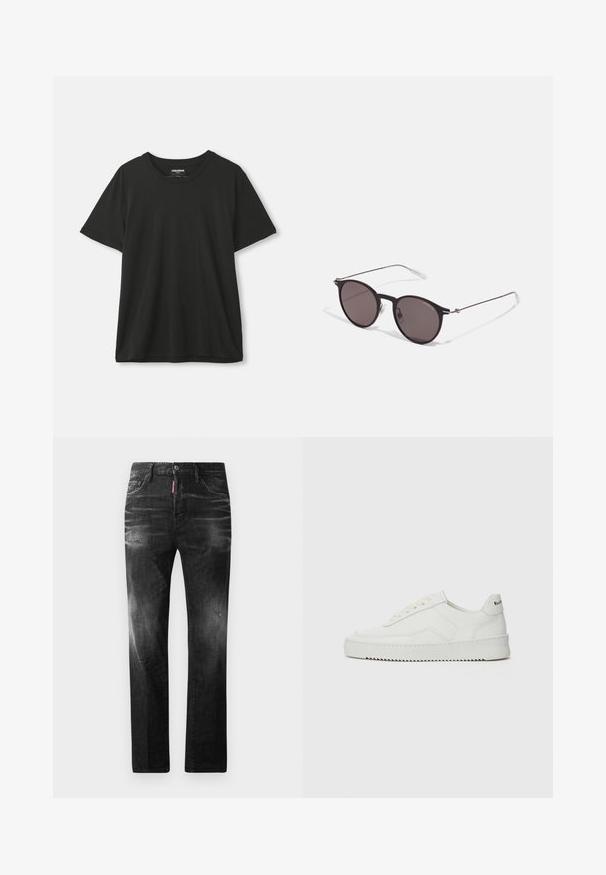 Black short-sleeve crew neck T-shirt hanging against a plain white background, label visible inside collar.; Black denim jeans with a straight fit. Features faded areas, minor distressing, classic five-pocket design, and a button closure.; White leather sneaker with a smooth finish, round toe, flat laces, and a textured sole. Features a subtle logo on the heel.; Black round sunglasses with dark lenses and slim metal arms. Includes clear temple tips and silver accents at the hinge. Minimalist design.