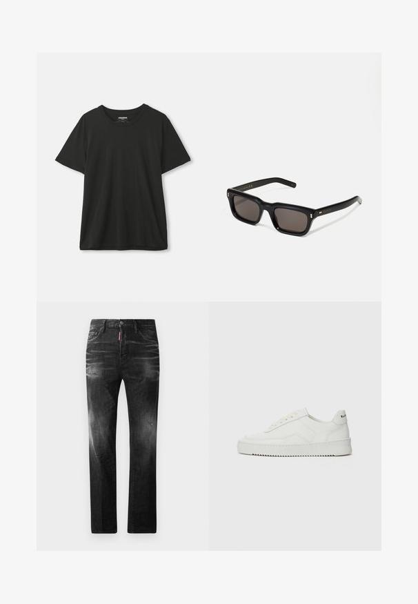 Zwarte T-shirt met korte mouwen en ronde hals die hangt tegen een eenvoudige witte achtergrond, met etiket zichtbaar in de kraag.; Zwarte denim jeans met een rechte pasvorm. Beschikt over vervaagde gebieden, lichte slijtage, klassiek vijf-pocket ontwerp en een knoopsluiting.; Witte leren sneaker met een gladde afwerking, ronde neus, platte veters en een gestructureerde zool. Kenmerkt zich door een subtiel logo op de hiel.; Zwarte rechthoekige zonnebril met donkere lenzen, een dik plastic montuur, gouden accenten op de veren en het merkembleem gegraveerd op de arm.