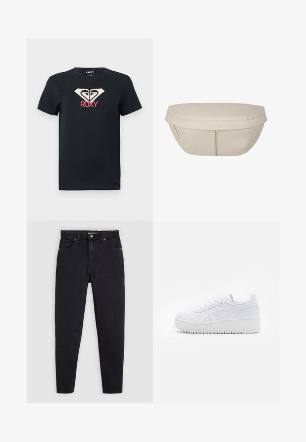 Svart bomull T-shirt med rund halsringning. Har en gräddfärgad och rosa grafisk logotyp centrerad på bröstet. Korta ärmar, standard passform.; Svarta slim-fit jeans med knapp- och dragkedjestängning, femfickorsdesign och bältesömmar på en ljusgrå bakgrund.; Vita plattformssneakers i slät läderstruktur, med perforerad detaljering och platta snörningar; har en tjock vit gummisula.; Beige tygpås med rundad form, med en platt topp och subtila sömdetaljer. Inkluderar en minimalistisk logotyp och en sidoremsa.