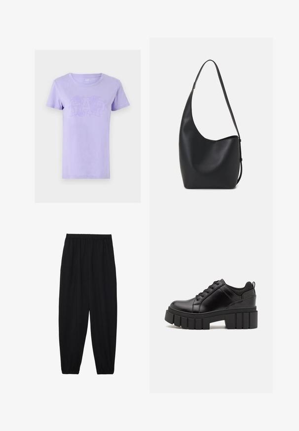 Violets kokvilnas T-krekls ar teksturētu ziedu dizainu tonalajos toņos, kur vārds "GAP" izcili izcelts priekšpusē.; Melnas, vieglas bikses ar elastīgu jostu un savilktiem potītiem. Audums ir gluds un to raksturo brīva, sašaurināta forma.; Melnas ādas platformas kurpes ar masīvu bloku papēdi, apaļu purngalu un tradicionālu saistīšanas dizainu. Izceļas ar gludu tekstūru un minimālu apdari.; Melnas ādas hobo soma ar gludu tekstūru, izliekta forma un vienu regulējamu jostu; augšā ir plaša atvere.