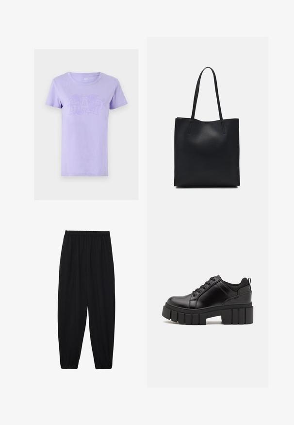 Purple cotton t-shirt featuring a textured floral design in tonal shades with the word "GAP" prominently displayed on the front.; Black, lightweight pants with an elastic waistband and gathered ankles. The fabric is smooth and features a relaxed, tapered design.; Black leather platform shoes with a chunky block heel, round toe, and traditional lace-up design. Features smooth texture and minimal detailing.; Black leather tote bag with smooth texture, rectangular shape, and two long handles. No visible hardware or embellishments.