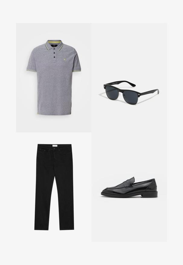 Camisa polo cinza com um tecido texturizado, placket de três botões e detalhes em amarelo contrastante no colarinho e na bainha lateral.; Jeans pretos de perna reta com design de cinco bolsos, fecho com botão e zíper, e uma etiqueta da marca Pier One na cintura.; Mocassins de couro preto com um acabamento suave, apresentando uma ponta arredondada e uma faixa estreita na parte superior. Salto baixo empilhado.; Óculos de sol pretos com forma retangular, lentes escuras, detalhes em prata nas hastes e um acabamento mate na armação.