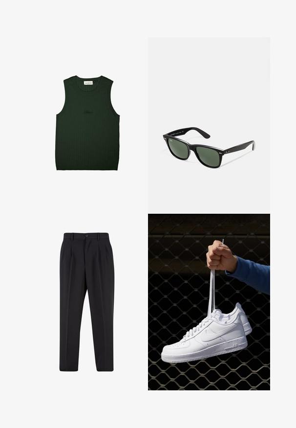 Zeleni rebrasti top brez rokavov z okroglo ovratnico. Ima subtilen logotip v črni barvi blizu središča. Mehka tekstura.; Črne hlače z nabranim sprednjim delom, narejene iz gladkega materiala. Imajo gumbasto zapiranje in zanke za pas; ravne hlačnice.; Bela usnjena športna obutev s perforacijami, okroglo konico, ravnim podplatom in debelimi vezalkami, z vidnim logotipom smoosh in napisom "AIR" na peti.; Črne plastične sončna očala z zelenimi lečami, kvadratni okvirji, srebrni detajl na obrvi in teksturirani ročaji. Blagovna znamka navedena na notranji strani ročaja.