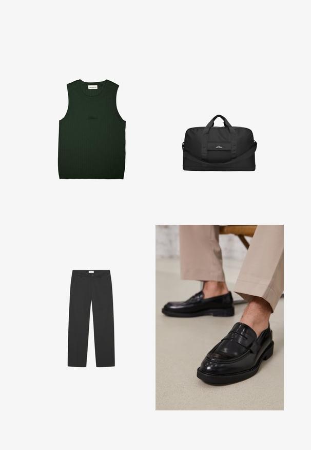 Green ribbed tank top with a rounded neckline and no sleeves. Features subtle branding in black near the center. Soft texture.; Black trousers made of lightweight fabric. Features a straight-leg design with a flat front, side pockets, and a discreet waistband.; Black leather loafers with a smooth finish, featuring a decorative strap and contrast stitching, paired with beige trousers.; Black duffel bag made of durable fabric, featuring two top handles, a detachable shoulder strap, and a front pocket with branding.