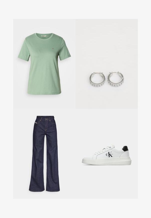 Svetlozelené tričko s krátkym rukávom vyrobené z jemnej bavlny. Okrúhly výstrih a malé vyšívané logo na ľavej hrudi. Hladká textúra.; Tmavomodré široké džínsy z denimu s vysokým pásom, zdobené oranžovým šitím, päť vreckovým dizajnom a zapínaním na gombík.; Biele nízke tenisky s čiernym pätkovým dielom, platformovou podrážkou, šnúrkami a logom "CK" značky Calvin Klein na boku.; Strieborné kruhové náušnice s textúrovaným dizajnom, ktorý obsahuje vertikálne ryhy. Obdĺžnikový tvar so zabezpečovacím uzáverom. Hladký povrch.