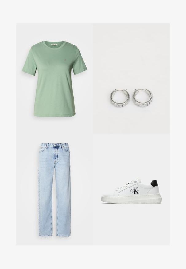 T-shirt verde chiaro a maniche corte realizzato in morbido cotone. Collo rotondo e piccolo logo ricamato sul lato sinistro del petto. Texture liscia.; Jeans a gamba larga di un blu chiaro, realizzati in denim, con vita alta, lavaggio sbiadito e un sottile motivo tie-dye sulla parte anteriore.; Sneaker bassa bianca con tassello nero sul tallone, suola a piattaforma, lacci e logo "CK" di Calvin Klein sul lato.; Orecchini a cerchio in argento con un design testurizzato caratterizzato da scanalature verticali. Forma circolare con una chiusura a scatto sicura. Finitura liscia.