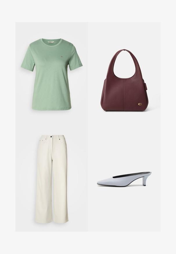Light green short-sleeve T-shirt made of soft cotton. Round neckline and a small embroidered logo on the left chest. Smooth texture.; Cream wide-leg pants made of smooth fabric. Features a mid-rise waist, zipper fly, and two front pockets with black hardware accents.; Light blue patent leather mule with a pointed toe, low transparent heel, and a sleek design featuring a cut-out at the vamp.; Burgundy leather shoulder bag with a wide, curved handle, smooth texture, and a gold logo accent on the side. Designed with a structured shape.