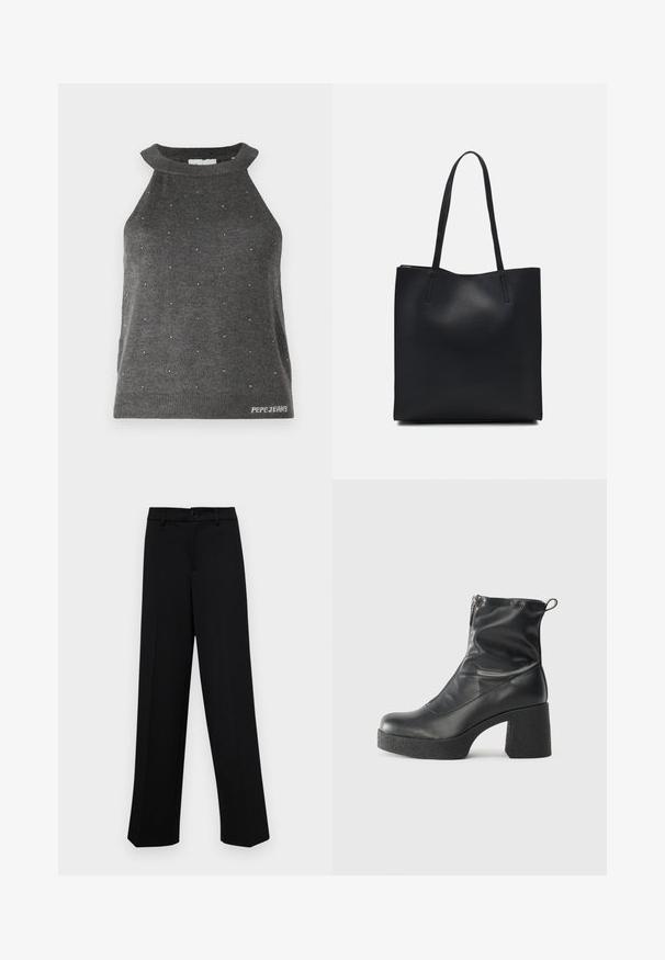 Siva bezrukavna majica s visokim ovratnikom, s malim srebrnim ukrasima raspoređenim po cijeloj površini i rebrastim rubom s logom "Pepe Jeans".; Crne široke hlače od glatkog materijala, s klasičnim pojasom koji se zatvara dugmetom i prednjim naborima.; Crne gležnjače od glatke kože, s bočnim zatvaračem, debelim teksturiranim potplatom i dizajnom s zaobljenim prstima.; Crna kožna torba za nošenje s glatkom teksturom, pravokutnim oblikom i dvije duge ručke. Nema vidljivih metalnih dijelova ili ukrasa.