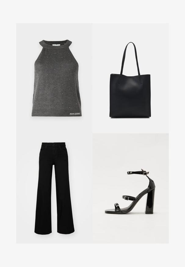 Pilkos spalvos be rankovių palaidinė su aukštu kaklu, dekoruota mažomis sidabro spalvos detalėmis, išsibarsčiusiomis visame paviršiuje, ir įribuotais kraštais su "Pepe Jeans" logotipu.; Juodos plačios kelnės iš denimo, turinčios struktūruotą juosmenį, diržo kilpas ir priekines kišenes. Lygus paviršius su klasikinio dizaino elementais.; Juoda blizgi lakuota basutė su kvadratiniu pirštu, kulkšnies dirželiais ir sidabro sagtimis. Yra tvirta blokinė kulno konstrukcija, užtikrinanti stabilumą.; Juodas odinis tote krepšys su lygia tekstūra, stačiakampio formos ir dviem ilgais rankenomis. Matomų metalinių detalių ar puošybos nėra.