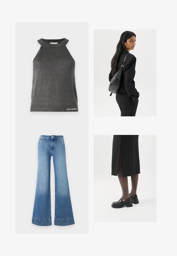 Culoarea gri a unei bluze fără mâneci cu gât înalt, având mici embellismente argintii dispuse uniform și un tiv cu nervuri pe care este brodat logo-ul "Pepe Jeans".; Jeans din denim bleumarin deschis, evazati, cu talie înaltă, picioare late și o ușoară decolorare. Au un design clasic cu cinci buzunare și închidere cu buton metalic.; Pantofi din piele neagră cu vârful rotund, toc bloc gros și accente elastice pe lateral, asortați cu colanți închiși la culoare și o fustă neagră cu o fanta.; Femeie cu păr lung și închis la culoare, îmbrăcată într-un costum negru, purtând o geantă de umăr din piele neagră, privind peste umăr, pe un fundal alb.