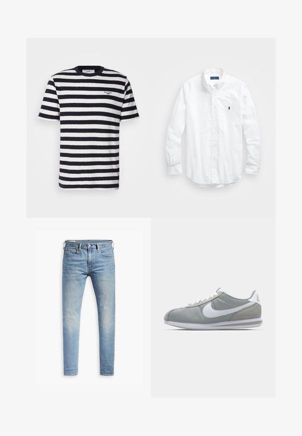 Navy and white striped cotton t-shirt with a round neckline, short sleeves, and a small embroidered logo on the chest.; White long-sleeve button-up shirt in cotton. Features a classic collar, button cuffs, and a small navy embroidered logo on the chest.; Light blue slim-fit jeans with slight fading on thighs, front button closure, belt loops, and five-pocket styling on a white background.; Gray athletic shoe with a suede and textile upper, white Nike swoosh, and white laces. Features a textured rubber sole and padded collar.
