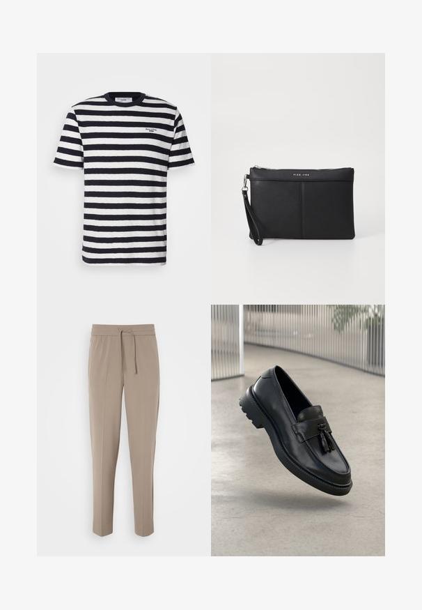 Navy and white striped cotton t-shirt with a round neckline, short sleeves, and a small embroidered logo on the chest.; Light beige trousers with an elastic waistband, adjustable drawstring, and tapered legs. Fabric appears smooth with a slight sheen.; Black leather loafers with a smooth finish, decorative tassel, thick rubber sole, and stitched accents. Lightweight and sleek design.; Black synthetic clutch with a zip closure, wrist strap, and a smooth texture. Features subtle stitching and a logo embossed on the front.