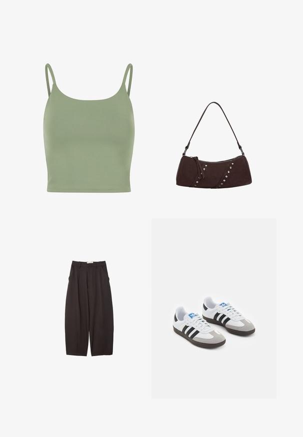 Maslinasto zelena priljubljena majica bez rukava s tankim naramenicama, glatke teksture i zaobljenim izrezom, dizajnirana za udobnost i slojevito nošenje.; Crne široke hlače napravljene od glatke tkanine, s visokim strukom, prednjim nabranjima i bočnim džepovima. Jednostavan dizajn bez ukrasa.; Sportske cipele s gornjištem od bijele kože, sivi suedinasti nos i tri crne pruge. Imaju plavi logo na jeziku i teksturiranu gumenu podlogu.; Smeđa torba od sintetičke kože s zakrivljenim oblikom, zatvaranjem na patentni zatvarač i dekorativnim srebrnim šiljcima duž jedne strane. Ima kratku naramenicu.