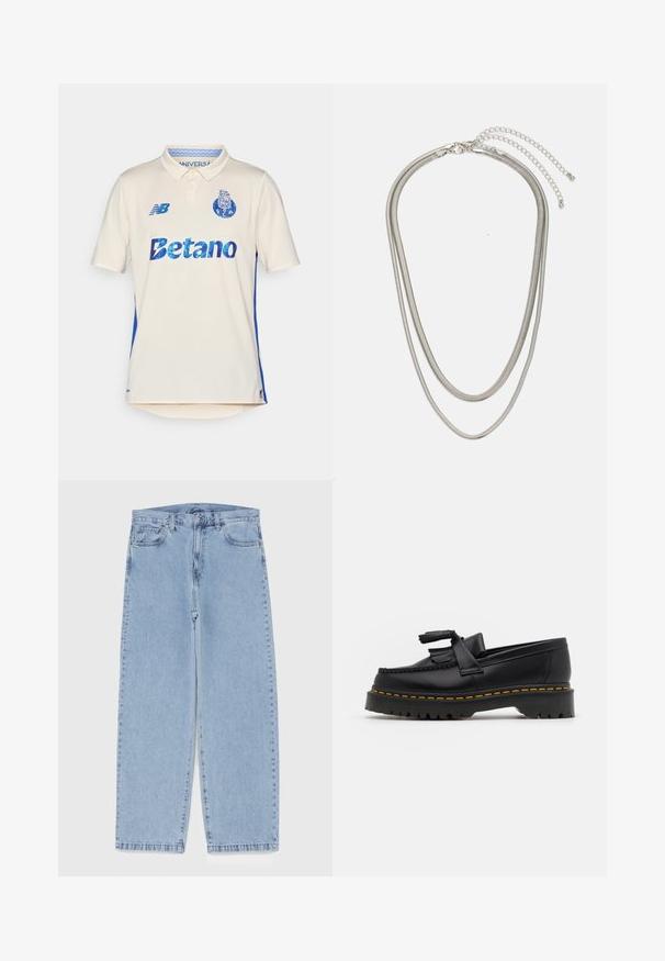 Creme polo t-shirt med blå sideskår. Har "Betano" logo i blå, struktureret stof, og en krave. New Balance logo på brystet.; Lyseblå denimjeans med straight leg-design, der har en mid-rise talje, fem lommer og en lukning med knap og lynlås.; Sort læderloafer med en frynsedetalje, der har en kraftig sort sål og gul syninger langs kanten. Teksturert overflade.; Tre-lags sølvmetal halskæde med slanke, flexible kæder med en let glans, sikret med en hummerlås og justerbar kæde.