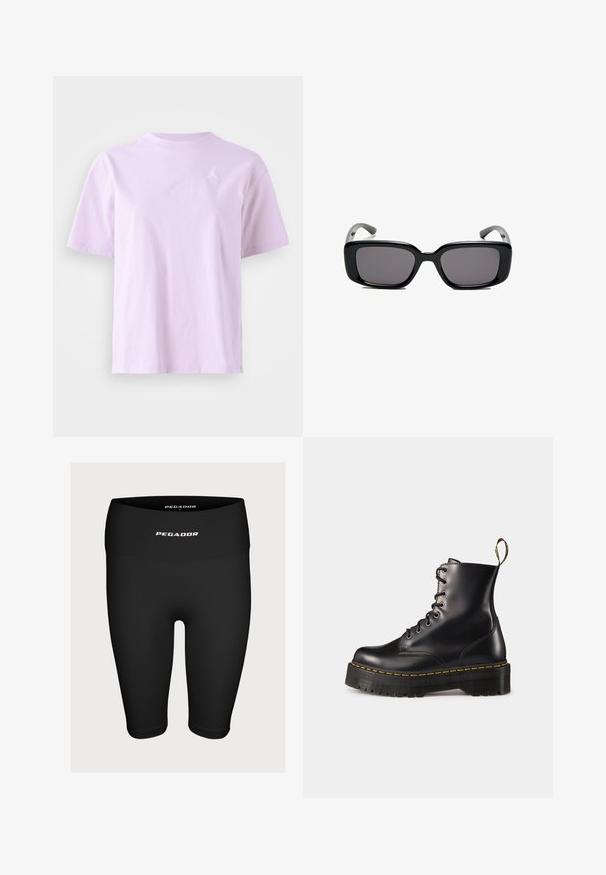 Laventeliharmaa t-paita, jossa on lyhyet hihat, pyöreä kaula-aukko ja pieni valkoinen logo vasemmassa rinnassa. Silkinmoinen pinta ja rento istuvuus.; Mustat urheilushortsit, jotka on valmistettu joustavasta kankaasta. Niissä on korkea vyötärö ja etuosassa valkoinen logo "PEGADOR".; Mustat nahkasaappaat, joissa on nyöritys nilkkoihin asti, paksu musta pohja ja keltaset ompeleet. Takana vetotappi ja pyöreät metalliset silmukat.; Mustat suorakulmaiset aurinkolasit tummilla linsseillä, sileä muovikehys ja kaarevat templet. Suunnittelu on jykevä ja minimalistinen.