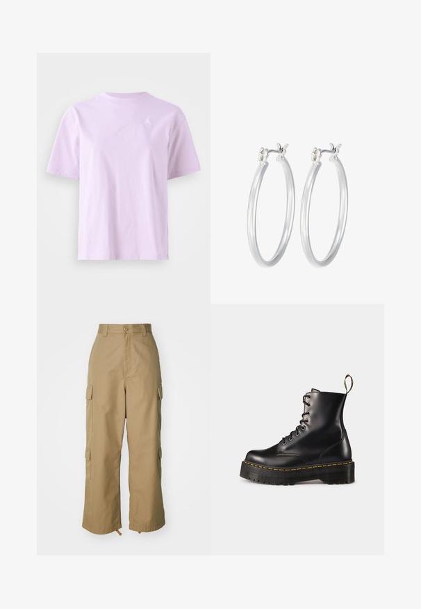 Lavender cotton t-shirt with short sleeves, round neckline, and a small white logo on the left chest. Smooth texture and relaxed fit.; Beige cargo pants with a high waist, wide legs, and four large side pockets. Made of durable fabric with a smooth texture and minimal detail.; Black leather lace-up ankle boots with a chunky black sole and yellow stitching. Features a pull tab at the back and circular metal eyelets.; Silver hoop earrings with a smooth, polished finish. Round shape and secure click-top closure. Lightweight design suitable for everyday wear.