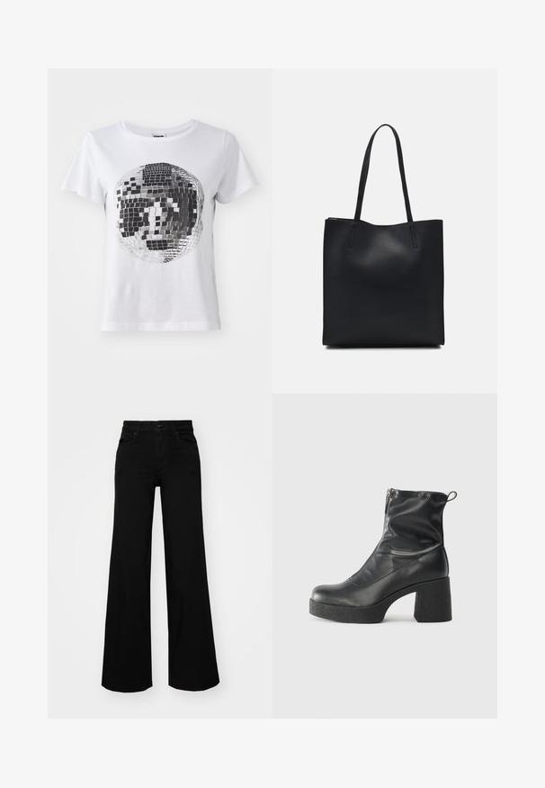 Noisy May NMNATE DISCO - Printtipaita - bright white; Musta leveälahkeinen farkkupanta, jossa on rakenteellinen vyötärö, vyölenkit ja etutaskut. Sujuva rakenne klassisella muotoilulla.; Mustat nilkkurit, jotka on valmistettu sileästä nahasta. Niissä on sivuvetoketju, paksu teksturoitu korko ja pyöristetty kärki.; Mustapahkainen kangaskassi, jossa on sileä pinta, suorakaiteen muotoinen ja kaksi pitkää kahvaa. Ei näkyvää metalliosaa tai koristeita.