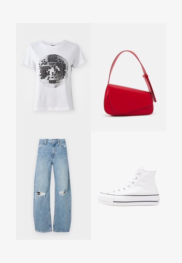 Noisy May NMNATE DISCO - T-shirt estampada - bright white; Jeans de lavagem clara, de cintura alta, feitos de denim. Apresentam pernas largas, duas áreas rasgadas nos joelhos e o estilo clássico de cinco bolsos.; Sapatilha alta de tela branca com sola de borracha preta, bico de borracha na frente e seis ilhós para os atacadores, apresentando um design limpo e minimalista.; Bolsa de mão em couro vermelho com um design angular e geométrico. Apresenta uma única alça ajustável e um fecho com aba, com detalhes cosidos.