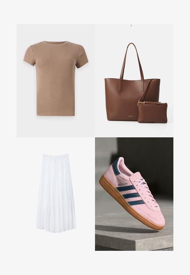 Beige randig kortärmad T-shirt med rund halsringning och åtsittande design. Slät textur, utan mönster eller dekorationer.; Vit, lager-på-lager maxikjol gjord av lättviktsmaterial. Har en elastisk midja och en svängig design med mjuk, subtil textur.; Ljusrosa mockasneaker med marinblå tre ränder, gummisula och ljusrosa skosnören. Har "SPEZIAL"-märke på sidan.; Brun fusk läder tote-väska med två långa handtag och en matchande liten påse. Ytan har ett strukturerat mönster och guldiga detaljer.