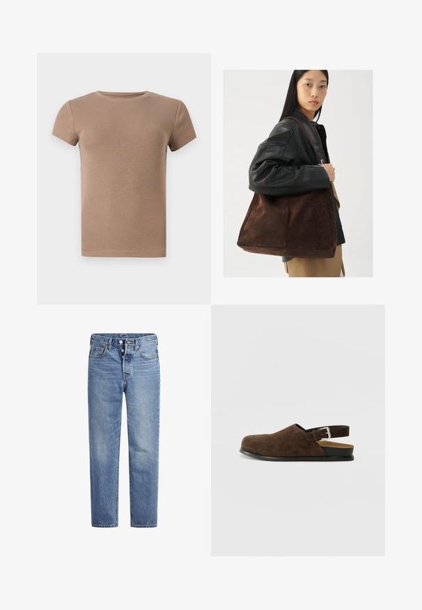 Beige ribbet kortermet T-skjorte med rund hals og tettsittende design. Glatt tekstur, uten dekorasjoner eller mønstre.; Lyseblå denimjeans med rett snitt, fem-lomme design og knappeåpning. Har subtile falminger og oransje sømdetaljer.; Brune semsket slip-on sko med lav hæl, justerbar rem med en sølvspænde og en sort gummisål.; Brun semsketoteveske med bred form og myk tekstur, med en enkelt stropp og minimal maskinvare mot en nøytral bakgrunn.