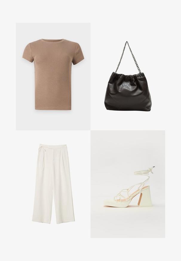 Beige geripptes T-Shirt mit kurzen Ärmeln, rundem Halsausschnitt und figurnahen Design. Glatte Textur, schlicht ohne Muster oder Akzente.; Weite Hosen aus elfenbeinfarbenem Stoff mit glatter Textur. Verfügt über einen gebundenen Bund und einen gefalteten Vorderteil, konzipiert für eine entspannte Passform.; Weiße High-Heel-Sandale mit einem klobigen Absatz, die über ein Riemchendesign und ein Knöchelband verfügt. Glatte Textur mit einer Plattform vorne für zusätzliche Höhe.; Braune Lederhandtasche mit gerafftem Oberteil und Kettenriemen. Glatte Textur mit glänzendem Finish und subtilen Nahtdetails an den Seiten.