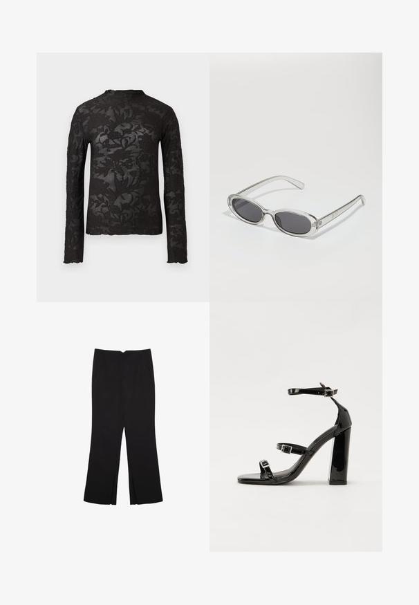 Czarna, długosuwakowa, przezroczysta bluzka koronkowa z kwiatowymi wzorami i wysokim dekoltem na jednolitym białym tle.; Czarne spodnie o prostym kroju, z przednimi kieszeniami i bocznymi rozcięciami na dole. Wykonane z miękkiego, gładkiego materiału. Odpowiednie na różne okazje.; Czarne lakierowane sandały na obcasie z kwadratowym noskiem, z paskami wokół kostki i srebrnymi klamrami. Posiadają masywny słupek dla stabilności.; Okulary przeciwsłoneczne w owalnym kształcie, z przezroczystą plastikową oprawą, ciemnoszarymi soczewkami oraz cienkimi przezroczystymi ramionami z akcentami logo i minimalnymi detalami.