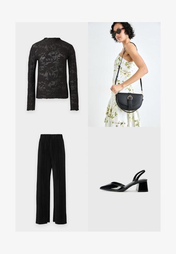 Czarna, długosuwakowa, przezroczysta bluzka koronkowa z kwiatowymi wzorami i wysokim dekoltem na jednolitym białym tle.; Czarne spodnie plisowane z elastycznym paskiem w talii. Posiadają szerokie nogawki oraz gładki, teksturowany materiał z pionowymi paskami.; Czarne lakierowane półbuty na obcasie z wydłużonym noskiem i geometrycznym słupkiem. Charakteryzują się eleganckim, minimalistycznym designem oraz gładką fakturą.; Czarna skórzana torebka o zakrzywionym kształcie, z odpinanym paskiem i złotymi akcentami. Torebka posiada klapę z zapięciem w kształcie klamry.