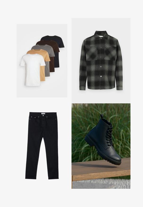 Pięć t-shirtów z okrągłym dekoltem w kolorach białym, beżowym, szarym, brązowym i czarnym. Krótkie rękawy, standardowy krój, wykonane z miękkiego materiału bawełnianego.; Koszula w kratę w odcieniach czerni i szarości, z przodu zapinana na guziki, z dwoma kieszeniami na piersi i kołnierzykiem. Wykonana z teksturowanej tkaniny.; Czarne dżinsy w stylu prostym, z pięcioma kieszeniami, metalowymi nitami i zapięciem na guzik. Miękka tekstura z lekkim streczem.; Czarne botki za kostkę wykonane z gładkiej skóry. Posiadają sznurowany design, okrągły nosek oraz wytrzymałą podeszwę z wyraźnym bieżnikiem. Mała pętelka na pięcie.