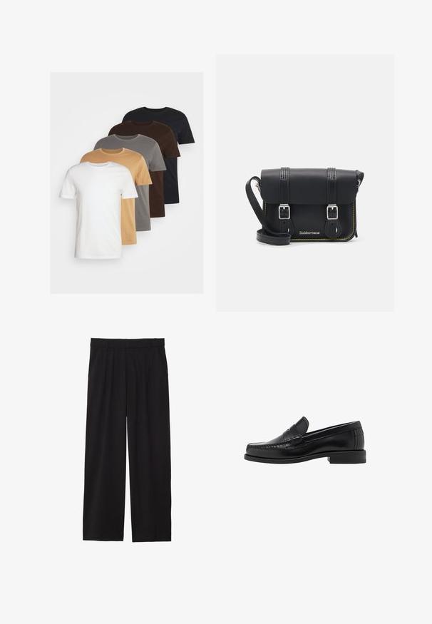 Pět triček s kulatým výstřihem v bílé, béžové, šedé, hnědé a černé barvě. Krátké rukávy, standardní střih, vyrobeno z měkké bavlny.; Černé široké kalhoty s skladaným předním dílem, bočními kapsami a hladkou texturou tkaniny. Navrženy pro pohodlný střih.; Černé kožené mokasíny s hladkým povrchem, prošíváním na špičce a nízkým podpatkem pro komfort a styl.; Černá kožená kabelka přes rameno s klopou, dvěma stříbrnými sponami, žlutým prošíváním a nastavitelným popruhem. Vyznačuje se hladkou texturou a kompaktním designem.