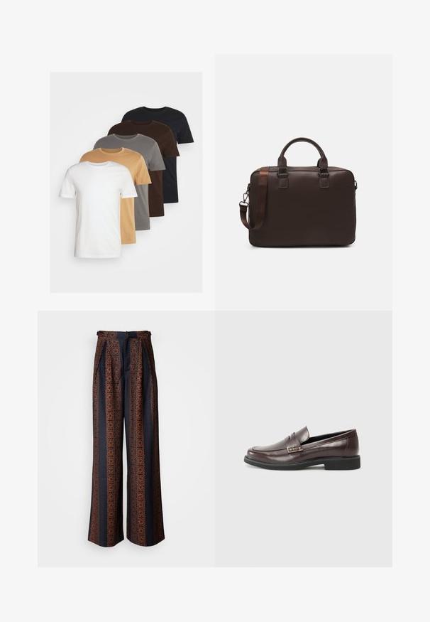 Pieci apģērba t-krekli ar apaļu kakla izgriezumu baltā, bēšā, pelēkā, brūnā un melnā krāsā. Īsām piedurknēm, standarta izmērs, izgatavoti no mīksta kokvilnas materiāla.; Plati kāju bikses tumši zilā audumā ar sarežģītu oranžu ģeometrisku rakstu, ar plecu priekšpusi un pieguļošu jostasvietu.; Brūni ādas loaferi ar gludu apdari, ar smalku izšuvumu augšdaļā un melnu gumijas zoli.; Brūna ādas portatīvo datoru soma ar teksturētu virsmu, divām augšējām rokturiem, regulējamu siksnu un diviem priekšējiem sprādzēm, lai pievienotu papildu detaļas.