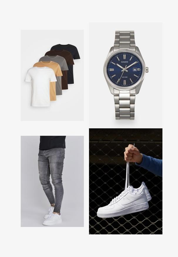 Päť tričiek s okrúhlym výstrihom v bielej, béžovej, šedej, hnedej a čiernej farbe. Krátke rukávy, štandardný strih, vyrobené z mäkkého bavlneného materiálu.; Chudé džínsy v bledom šedom denime s obnosnými detailmi na kolenách, skombinované s bielymi teniskami. Hladká textúra, úzky strih.; Biele kožené tenisky s perforáciami, okrúhlou špičkou, plochou podrážkou a hrubými šnúrkami, pričom majú viditeľné logo swoosh a nápis "AIR" na päte.; Strieborné nerezové hodinky s modrým ciferníkom, kovovými hodinovými značkami a dátumovým oknom na 3. hodine. Vodotesné do hĺbky 50 metrov.