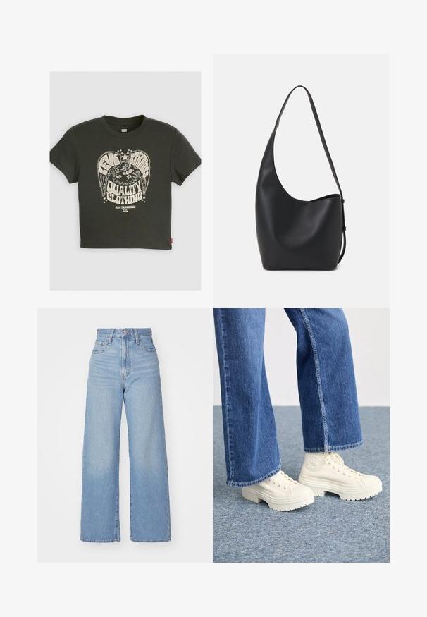 Tamsiai pilkas medvilninis marškinėlis su dideliu baltu piešiniu ir tekstu bei erelio dizainu. Trumpomis rankovėmis, apvalia kaklo iškirpte, laisvo silueto.; Šviesiai mėlynos aukšto liemens plačios kojos džinsai su priekiniais užtrauktukais ir sagom, priekinėmis ir galinėmis kišenėmis, ant baltos fono.; Baltos aukštos sportinės kedai su storomis, briaunotomis padais ir apvaliu logotipo akcentu, dėvimi su šviesiai mėlynomis plačiakulkėmis džinsinėmis kelnėmis.; Juodas odinis hobo maišas su lygiu paviršiumi, kreipta forma ir viena reguliuojama rankena; turi platų atidarymą viršuje.