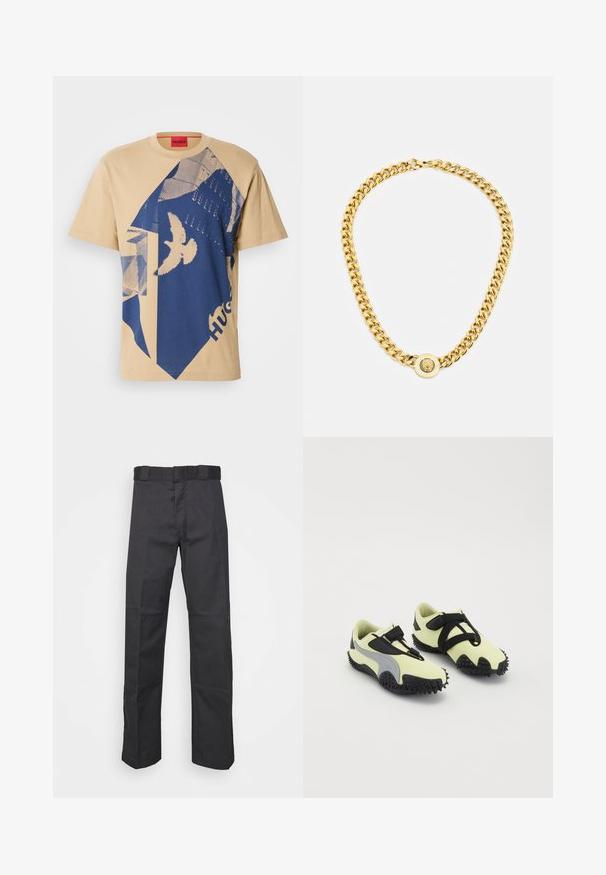 Béžové bavlnené tričko s modrým geometrickým vzorom a dizajnom vtáka. Červená etiketa s nápisom "HUGO" pri výstrihu. Krátke rukávy, okrúhly výstrih.; Čierne nohavice z odolnej tkaniny, s rovnými nohavicami, pásom s pútkami na opasok a švami pre zvýraznenie textúry.; Obuv s svetložltým zvrškom a čiernymi akcentmi, s bezpečným popruhom a textúrovanou čiernou gumovou podrážkou. Navrhnuté pre trakciu a podporu.; Zlatý náhrdelník s veľkými prepojenými článkami, ktorý má v strede okrúhly prívesok s vyvýšeným emblémom.