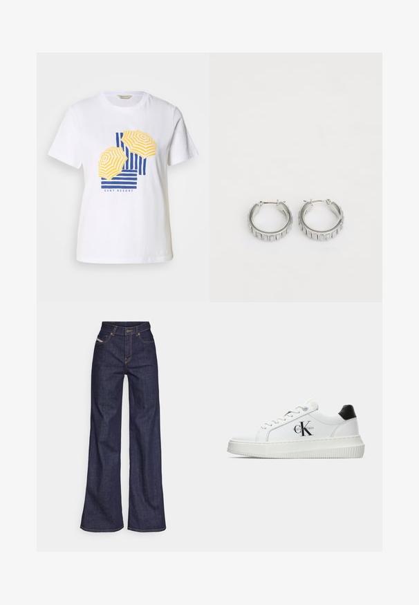 White cotton t-shirt featuring a graphic design of yellow and blue striped beach umbrellas with the text "GANT RESORT" at the bottom.; Dark blue wide-leg jeans in denim fabric with a high waist, featuring orange stitching, five-pocket design, and a button closure.; White low-top sneaker with black heel tab, platform sole, laces, and Calvin Klein "CK" logo on the side.; Silver hoop earrings with a textured design featuring vertical ridges. Circular shape with a secure latch closure. Smooth finish.