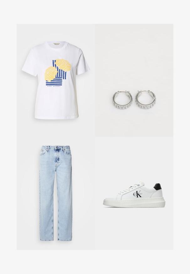White cotton t-shirt featuring a graphic design of yellow and blue striped beach umbrellas with the text "GANT RESORT" at the bottom.; Light blue wide-leg jeans made from denim, featuring a high waist, faded wash, and subtle tie-dye pattern along the front.; White low-top sneaker with black heel tab, platform sole, laces, and Calvin Klein "CK" logo on the side.; Silver hoop earrings with a textured design featuring vertical ridges. Circular shape with a secure latch closure. Smooth finish.