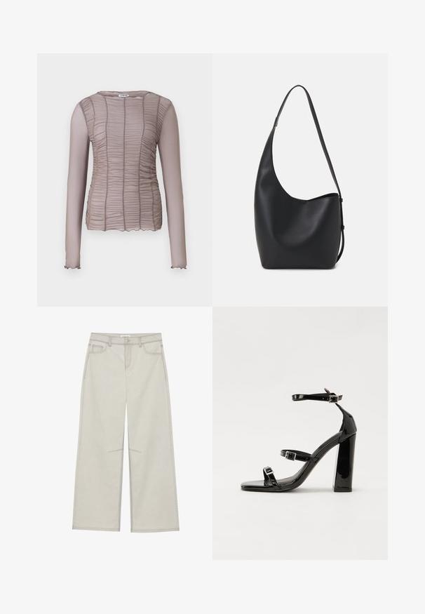 Długotali top w jasnobrązowym kolorze, z teksturą marszczoną, okrągłym dekoltem i delikatnymi, falbaniastymi mankietami.; Jasnoszare spodnie szerokie w nogawkach z pięcioma kieszeniami, zapinane na guzik z przodu, z kontrastującymi szwami. Materiał wydaje się miękki i trwały.; Czarne lakierowane sandały na obcasie z kwadratowym noskiem, z paskami wokół kostki i srebrnymi klamrami. Posiadają masywny słupek dla stabilności.; Czarna skórzana torba hobo o gładkiej fakturze, zaokrąglonym kształcie i pojedynczym, regulowanym pasku; posiada szerokie otwarcie na górze.