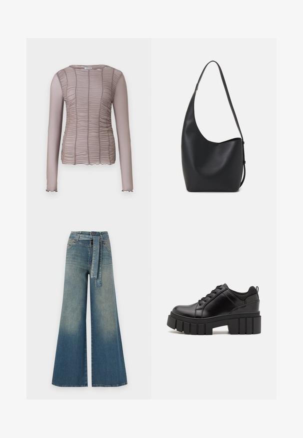 Šviesiai ruda ilgomis rankovėmis palaidinė, pasižyminti susiraukšlėjusia tekstūra visame paviršiuje, apvaliu iškirpimu ir subtiliais, banguotais rankogaliais.; Platus džinsinis kelnes su šviesiai tamsiai mėlynu gradientu, aukštu juosmeniu, diržo kilpomis ir atitinkančiu audinio diržu. Textūruotas džinsinis paviršius.; Juodi odiniai platformos batai su masyviu blokuota kulniuku, apvalia nosimi ir tradiciniu šnypštimo dizainu. Turintys glotnų paviršių ir minimalų dekoravimą.; Juodas odinis hobo maišas su lygiu paviršiumi, kreipta forma ir viena reguliuojama rankena; turi platų atidarymą viršuje.