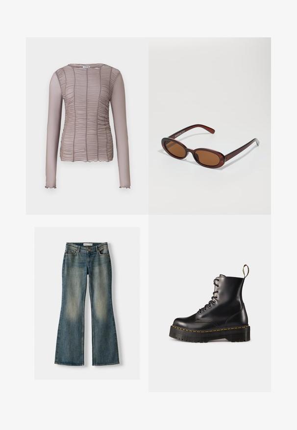 Hosszú ujjú felső világosbarna színben, melyen gyűrött textúra található, kerek kivágással és finom, hullámos mandzsettákkal.; Kék, bővülő fazonú farmernadrág, elhasználódott mosással, öt zsebbel és gombos záródással. Az anyag denim textúrája finom varrási részletekkel rendelkezik.; Fekete bőrből készült, fűzős bokacsizma masszív fekete talppal és sárga varrással. Hátsó húzófüllel és kör alakú fémszemekkel rendelkezik.; Kerek, barna árnyalatú napszemüveg fényes burgundi kerettel. Karcsú karok diszkrét márkázással. Lapos lencse kialakítás.; Fekete szövött bevásárlótáska két strapabíró füllel, fényes felülettel és tágas, nyitott tetejű kialakítással.